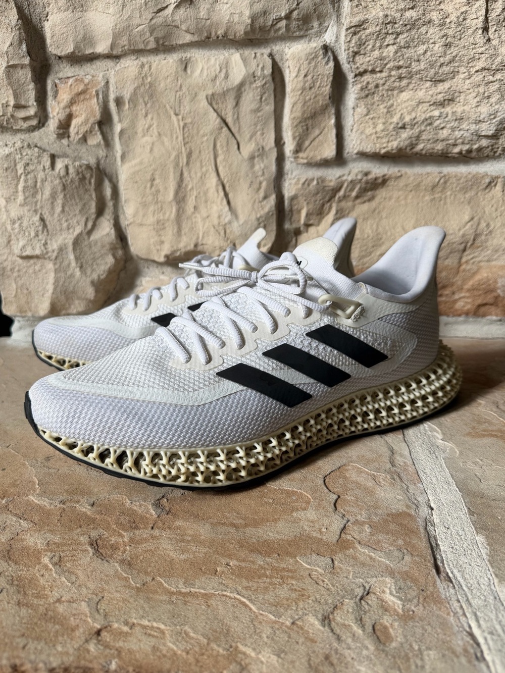 adidas White Sneakers with Black Three-Stripes and Cream Lattice Midsole